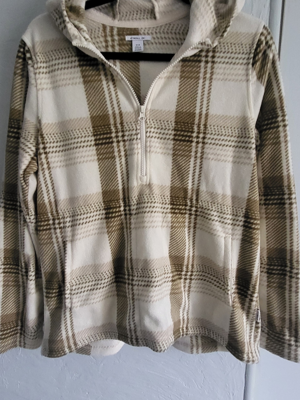 O'Neill Cream & Olive Plaid Half-Zip Hooded Sweater